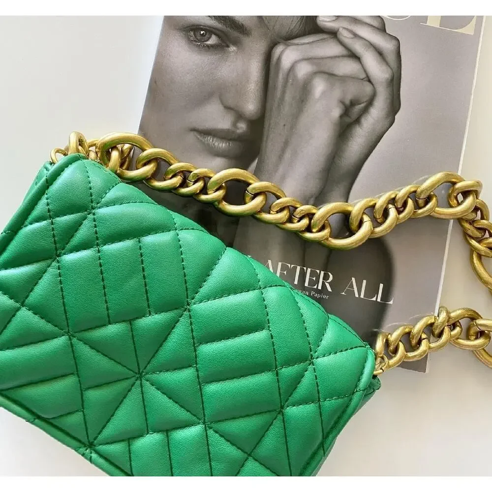 ZARA Green Quilted Chain Shoulder Bag NWT Gold Chain Purse OS